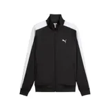Campera deportiva Puma modelo T7 Track Jacket, color negro con franjas blancas en las mangas. Presenta cuello alto, cierre frontal completo y logo de la marca bordado en el pecho.