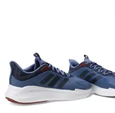 Championes de running Adidas modelo AlfaEdge, color azul con detalles en azul marino y blanco. Presentan un diseño moderno con mediasuela Bounce para mayor amortiguación y suela de caucho para mejor tracción.