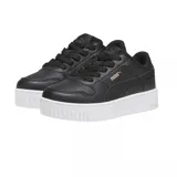 Championes Puma Runtamed Platform de color blanco, con diseño de plataforma, cierre de cordones y logo de la marca en dorado en el lateral.