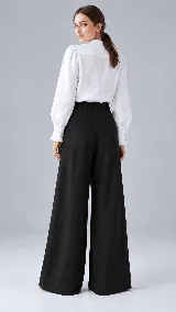 Blusa blanca de lino con cuello mao, mangas largas abullonadas, puños con volados y detalle de volado sutil en la cartera de botones frontal.
