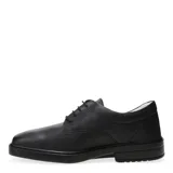 Zapato formal de cuero negro con ajuste de cordones, forro interior de cuero y suela de poliuretano resistente al deslizamiento.