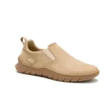 Zapatillas slip-on Caterpillar modelo Flexion, de color tostado con suela de goma marrón y elásticos laterales para un calce cómodo.