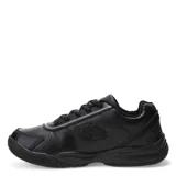 Championes deportivos Lotto de cuero sintético color negro, con cordones al tono, suela de goma resistente y detalles perforados en la puntera y laterales.
