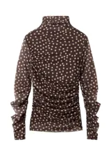 Camiseta de manga larga en tejido de tul marrón con estampado de lunares y cuello alto.