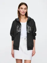 Canguro con cierre frontal de la marca Gap, color gris oscuro jaspeado, con capucha ajustable y logo de la marca estampado en blanco en el frente.