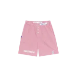 Short tipo bóxer de Eme Studios con diseño de rayas finas rojas y blancas. Cuenta con cintura elástica, cierre frontal con botones y detalles de etiquetas con la marca estampada en el frente y la pierna.