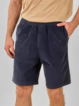 Bermuda azul marino de pana con cintura elástica y bolsillos laterales.