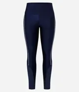 Calza deportiva larga de microfibra azul marino con estampado de lunares pequeños. Presenta una banda lateral blanca y recortes de tela en la parte inferior de la pierna.