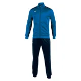 Conjunto deportivo Joma modelo Academy, compuesto por una campera con cierre frontal y cuello alto en color azul royal con detalles en azul marino, y un pantalón de jogging a juego en color azul marino. Presenta logo de la marca bordado en el pecho y en el pantalón.