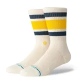 Medias Stance modelo Boyd St de color blanco, con diseño de rayas horizontales en la parte superior en tonos azul marino y amarillo.