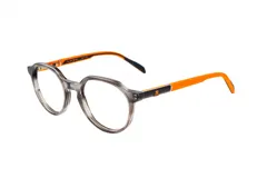 Armazón para lentes de acetato unisex, con forma redonda, color gris jaspeado y detalles en naranja. El logo de los New York Yankees está presente en la patilla.
