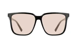 Lentes de sol unisex con montura cuadrada de acetato negro y lentes color durazno.