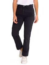 Pantalon de estilo utilitario color negro, con diseño de doble panel en la parte frontal, cierre de cremallera y ajuste con broche. Cuenta con cinco bolsillos y corte relajado.