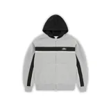 Campera con cierre frontal, diseño bicolor en gris y negro, con capucha negra, franjas laterales y logo bordado en el pecho.