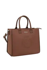 Cartera tipo tote de cuero sintético marrón, con doble asa de mano, correa ajustable y desmontable, y detalles de estampado en relieve con forma de corazón y la inscripción "Oreiro Love".