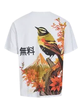 Remera blanca de algodón con cuello redondo y estampado en la espalda de un pájaro, el monte Fuji, flores y texto en japonés.