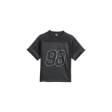 Remera de fútbol estilo jersey Adidas Skateboarding x Tyshawn, de color negro con cuello en V, mangas cortas con las clásicas tres tiras y el número "98" grande estampado en el frente.