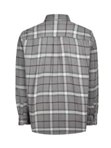 Camisa de manga larga confeccionada en franela de algodón orgánico cepillado. Presenta un diseño a cuadros en tonos grises, blancos y líneas finas en color bordó. Cuenta con cuello clásico, cierre frontal con botones de madera y dos bolsillos frontales en el pecho.
