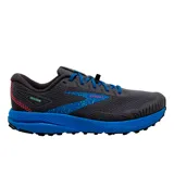 Championes de trail running Brooks Divide 4, color gris oscuro con detalles en azul, celeste y fucsia.