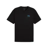 Camiseta negra de algodón con logo de Puma y diseño gráfico abstracto en el pecho.