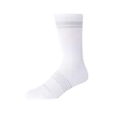 Medias deportivas blancas de caña media con tres líneas horizontales grises en el tobillo y dos líneas horizontales grises en la parte superior.