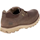 Zapato de hombre Caterpillar modelo Prez, color marrón oscuro, estilo casual de caña baja con cordones. Fabricado en nobuck impermeable, forro de malla de nailon, plantilla Ease y suela de goma duradera.