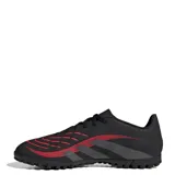Championes de fútbol Adidas Predator Club TF, diseñados para césped artificial. Presentan una parte superior sintética texturizada en color negro con detalles en rojo, incluyendo la tecnología Strikeprint para mayor precisión y suela de goma con tapones pequeños para tracción.