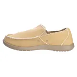 Mocasín tipo slip-on marca Crocs modelo Santa Cruz, con parte superior de lona negra y costuras visibles. Posee elásticos laterales para facilitar el calce y suela de material Croslite™ en color beige.