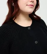 Cardigan de punto negro con textura acanalada, cierre frontal con botones, cuello redondo y mangas largas con puños ajustados.