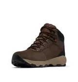 Bota de trekking Columbia Newton Ridge para hombre, confeccionada en ante impermeable color marrón con detalles en negro y beige. Presenta herrajes metálicos para los cordones, mediasuela acolchada y suela de caucho de alta tracción.