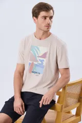 Remera gris de manga corta con cuello redondo y estampa frontal de paisaje costero con tablas de surf y la leyenda "Having Fun".