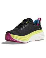 Championes de running Hoka Bondi 8 para mujer, color negro con detalles en amarillo, rosa y celeste. Capellada de malla técnica, entresuela de espuma ligera y suela de goma Durabrasion.