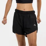Short deportivo negro de poliéster con cintura elástica y logo reflectivo en la pierna.