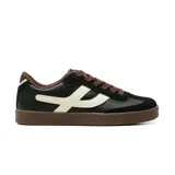 Championes deportivos American Sport modelo Quime, de color negro con detalles en marrón y una franja lateral blanca en contraste. Suela de goma marrón y cordones marrones.