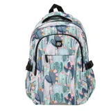 Mochila de lona impermeable con estampado de cactus y flores en tonos verdes, azules y rosados. Cuenta con compartimento principal con cierre, bolsillo frontal con cierre, bolsillos laterales, correas de compresión y compartimento interno para notebook.