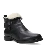Botas de caña media marca Bottero, confeccionadas en cuero negro con interior forrado en corderito sintético color crema. Presentan una tira decorativa con hebilla lateral y suela plana con pequeño taco.