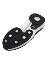 Championes de running Under Armour modelo Phantom 4, color negro con suela blanca. Presentan un diseño de tejido técnico con cuello tipo calcetín, contrafuerte de TPU en el talón y tecnología de amortiguación UA HOVR+ para mayor retorno de energía.