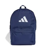 Mochila Adidas de diseño clásico en color azul, con el logo de la marca estampado en blanco en la parte frontal. Cuenta con un compartimento principal amplio y un bolsillo frontal con cierre.