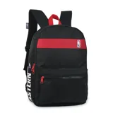Mochila deportiva NBA de color negro con detalles en rojo. Presenta un compartimento principal con cierre, un bolsillo frontal con cierre y una franja horizontal roja con el logo de la NBA. En el lateral incluye la inscripción 'EASTERN' en color blanco. Cuenta con correas ajustables y espalda acolchada con tela mesh para mayor comodidad.