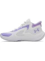Championes de básquetbol Under Armour modelo Jet 25, con diseño de corte medio en color blanco con detalles en lila. Presentan una parte superior de materiales mixtos para mayor durabilidad y transpirabilidad, cuello acolchado para sujeción y entresuela Micro G para una amortiguación reactiva.