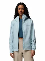 Campera cortaviento e impermeable Columbia Trailborne 2.5L en color celeste, con capucha integrada, cierre frontal bidireccional, bolsillos con cierre y tecnología Omni-Tech.