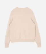 Cardigan de punto color beige, con cuello redondo, cierre frontal abotonado y puños y ruedo acanalados.