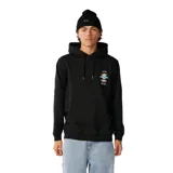 Canguro negro con capucha y cordones ajustables, cuenta con un bolsillo frontal tipo canguro y un pequeño estampado gráfico en el pecho con el logo de la marca.