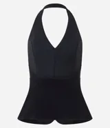 Blusa frente única de Blue Steel, confeccionada en bengalina color negro. Presenta un escote profundo en V, corte ajustado en la parte superior con ruedo levemente ampliado y bolsillos laterales decorativos.