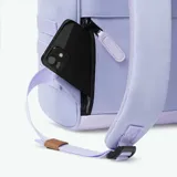 Mochila Cabaia modelo Adventurer Antaya, color lila con detalles en marrón y violeta. Tiene sistema MOLLE, compartimento acolchado para tablet o PC, correa para sujetar a la maleta y tirantes acolchados antitranspirantes.