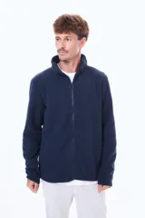 Campera de polar azul marino con cuello alto y cierre frontal completo.