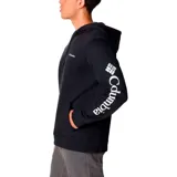 Buzo negro con capucha ajustable con cordón, bolsillo tipo canguro y logo de Columbia bordado en el pecho y estampado en la manga.