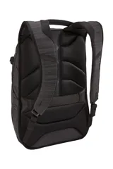 Mochila Thule Construct de 24 litros, color negro con textura lineal. Cuenta con compartimentos dedicados para laptop y tablet, bolsillo frontal expandible, panel de organización interno y bolsillos laterales. Diseño funcional con materiales resistentes al agua y panel posterior respirable.