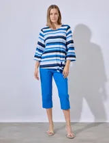 Blusa tejida de hilado fino marca Ruby Rd, con mangas 3/4 amplias y terminación de ruedo con nudo.