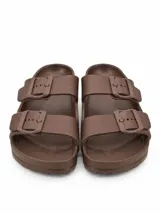 Sandalias de dos tiras negras con hebillas ajustables, plantilla anatómica y diseño ergonómico.